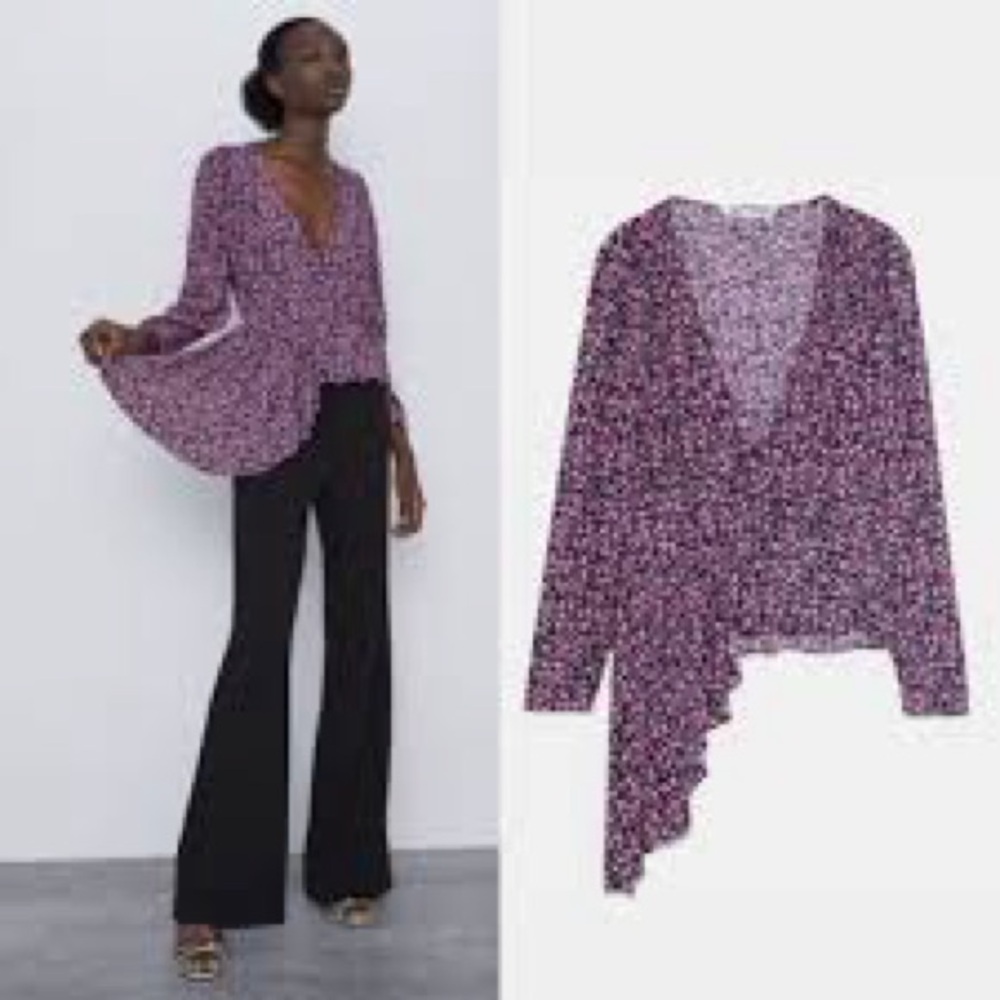 Zara Black and Pink Floral Asymmetrical Blouse